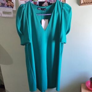 ZARA Teal Puff Sleeve V-Neck Mini Dress